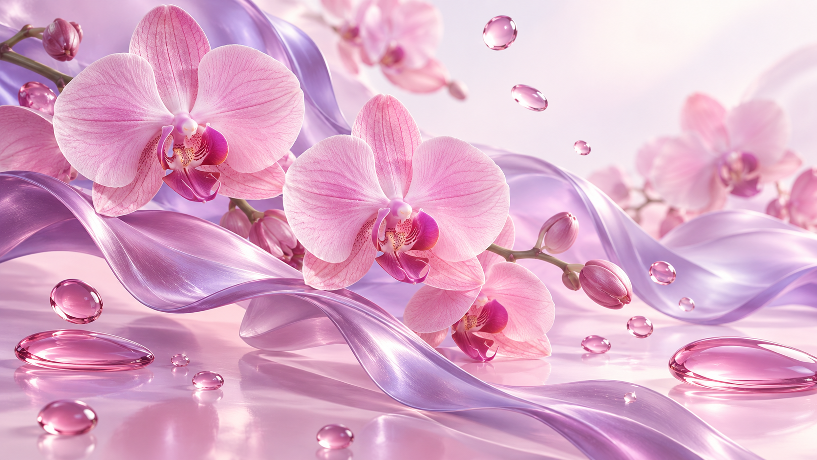 Illustration of pink orchid blossoms over violet silk ribbons with glossy lacquer drops