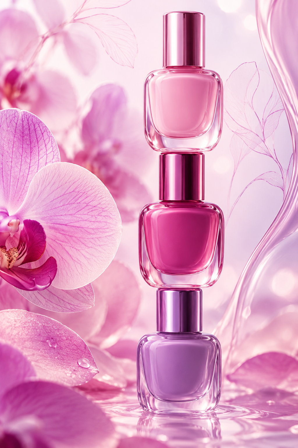 Illustration of soft glass lacquer bottles in pink, magenta and violet with orchid petals
